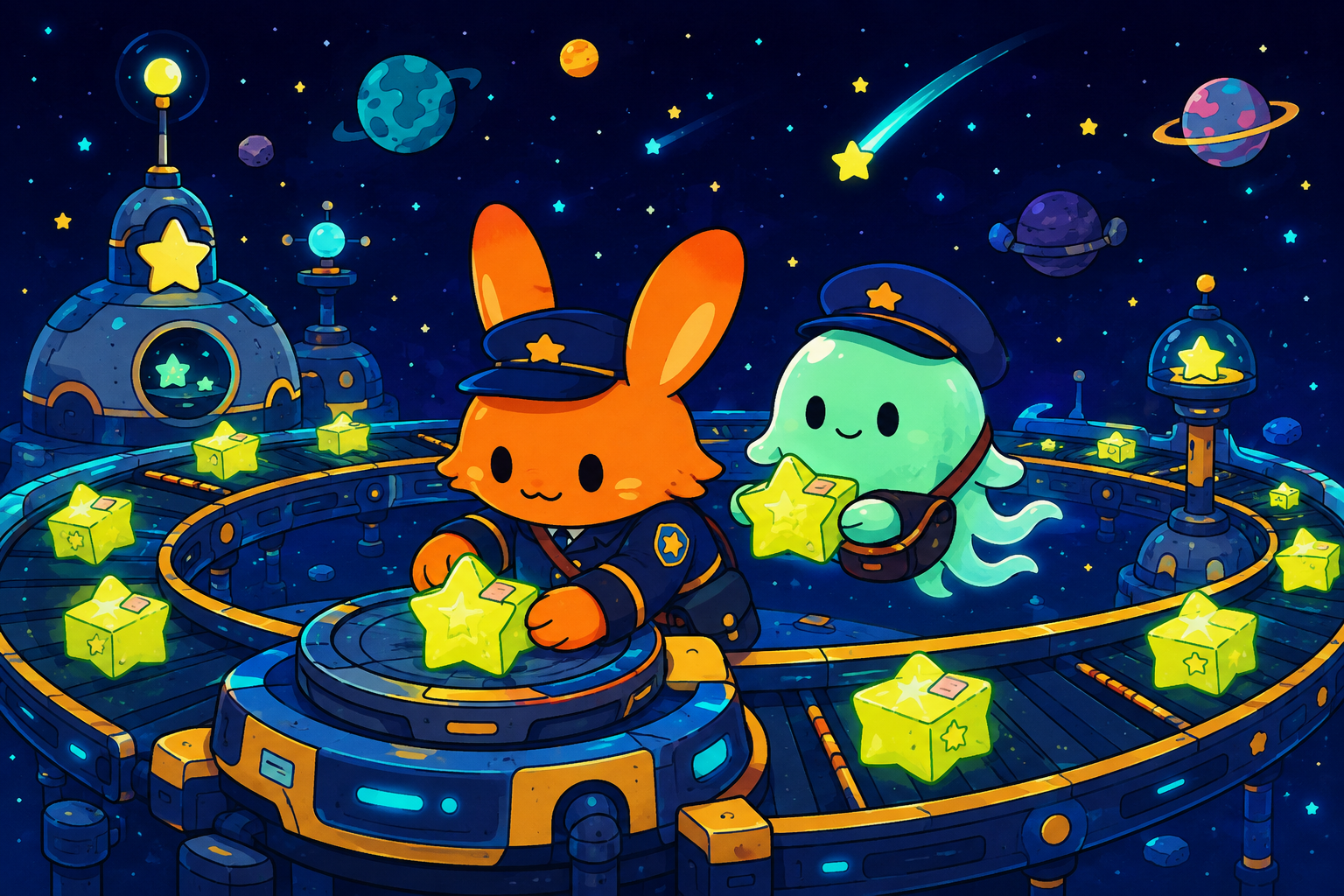 星の荷物を仕分ける配達員ポッケと、相棒のユラ